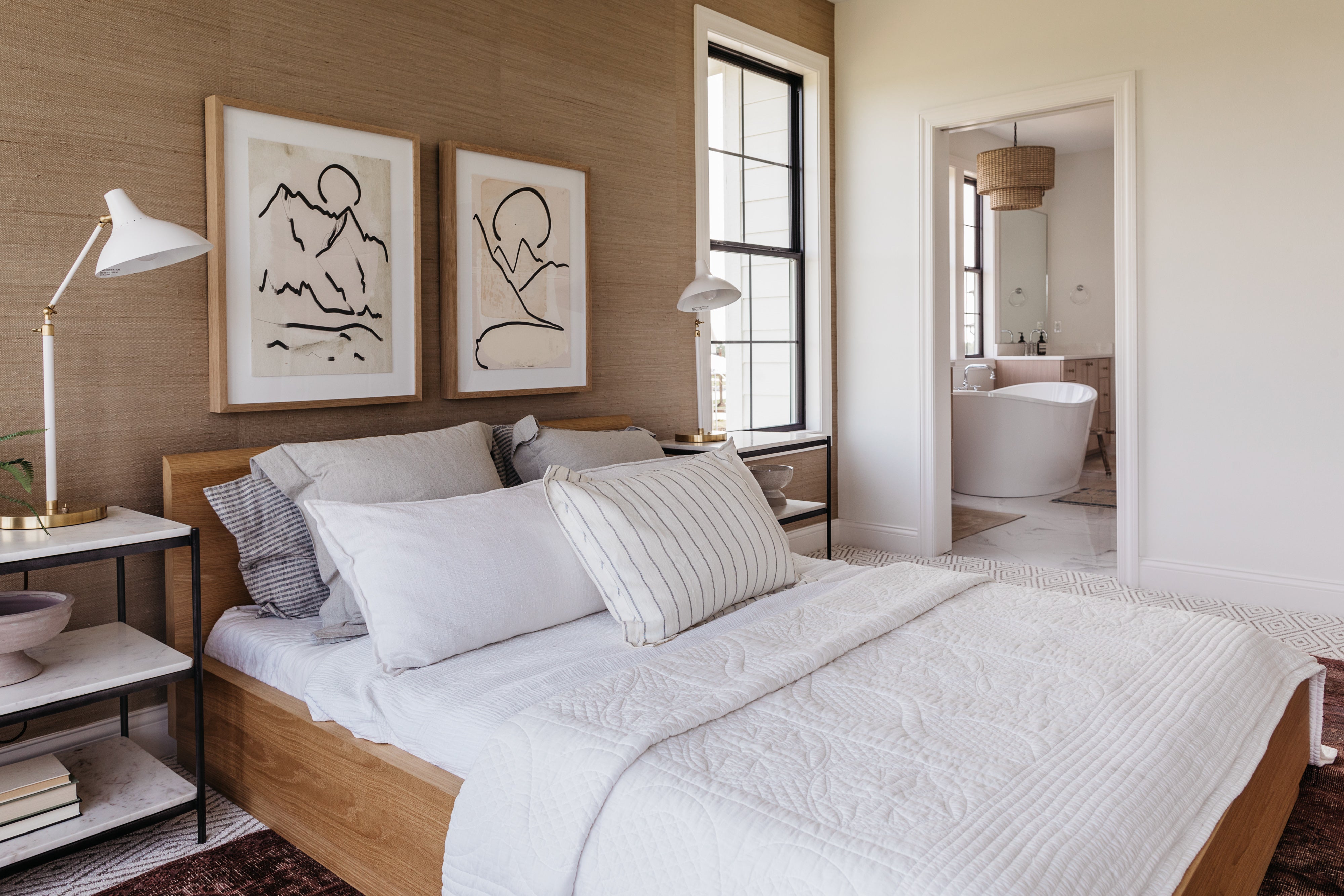 Warm Organic Bedroom: Grasscloth Wallpaper, Tea Stained Art, and Marble Accents