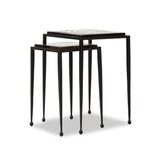 Slim, airy bases of black-finished iron support two varied-height nesting tables of smoked black glass. Designed to bunch or pull apart as desired, with ease Amethyst Home provides interior design, new home construction design consulting, vintage area rugs, and lighting in the Boston metro area.