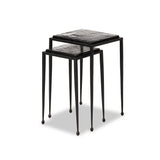 Slim, airy bases of black-finished iron support two varied-height nesting tables of smoked black glass. Designed to bunch or pull apart as desired, with ease Amethyst Home provides interior design, new home construction design consulting, vintage area rugs, and lighting in the Tampa metro area.