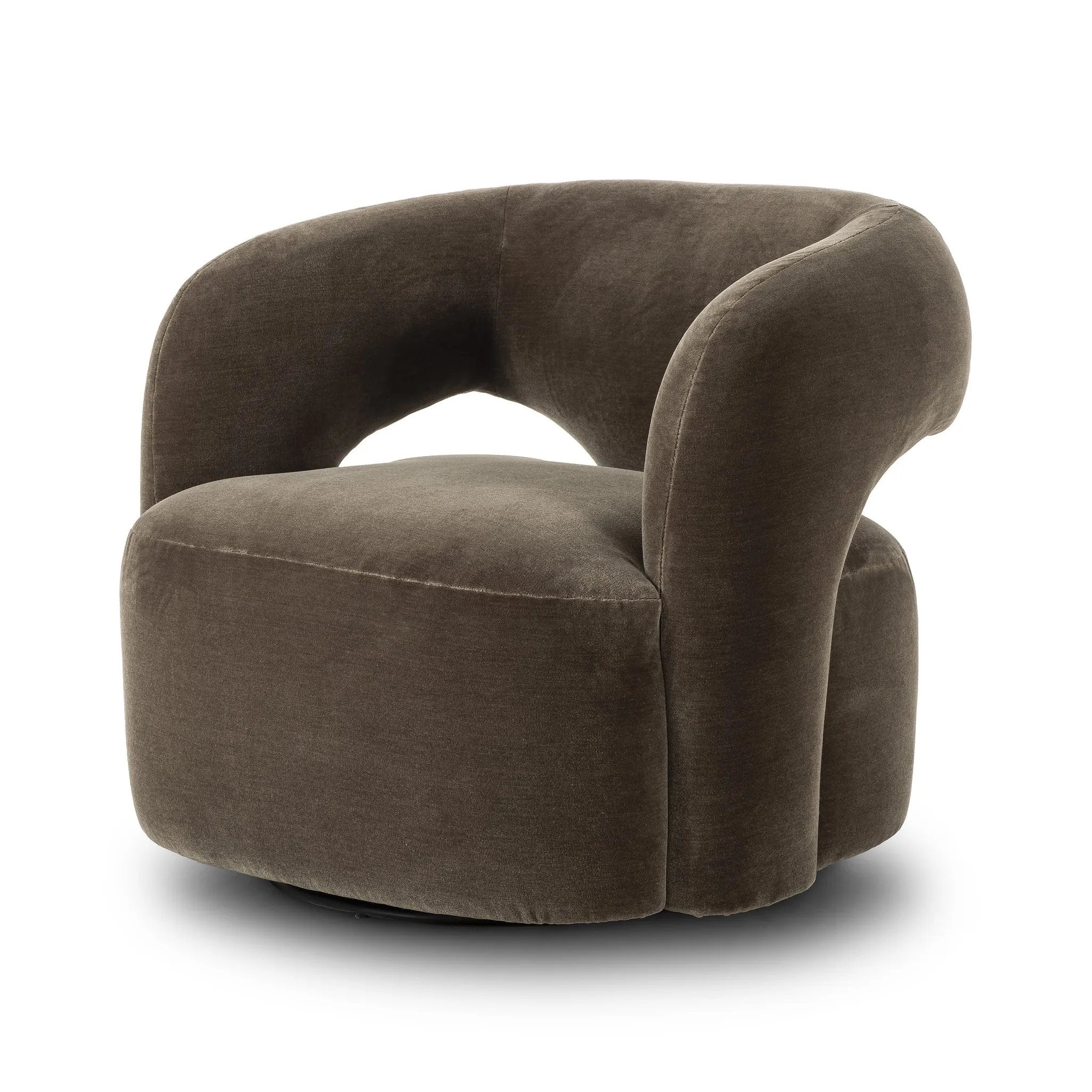 A fluid play on seating. This statement-making swivel chair features subtle cutouts on the back, with plush arms that hug the seat. Upholstered in an olive faux wool-mohair, bringing a plush moment to a classic frame Amethyst Home provides interior design, new home construction design consulting, vintage area rugs, and lighting in the Omaha metro area.