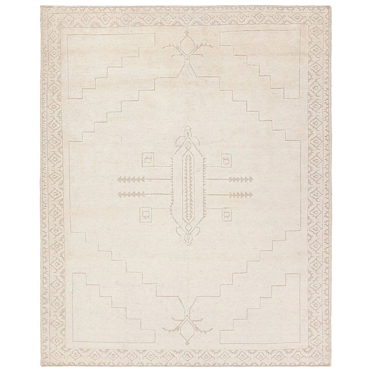 Hand carded wool, soft Tencel, and a neutral color palette define the handknotted Ashend Imbar. The Imbar rug showcases a Moroccan-inspired center medallion in a neutral, cream, taupe, and beige colorway. Geometric detailing via high and low pile establishes a thin border and provides a nod to the tribal styles of northern Africa. Amethyst Home provides interior design, new home construction design consulting, vintage area rugs, and lighting in the Des Moines metro area.