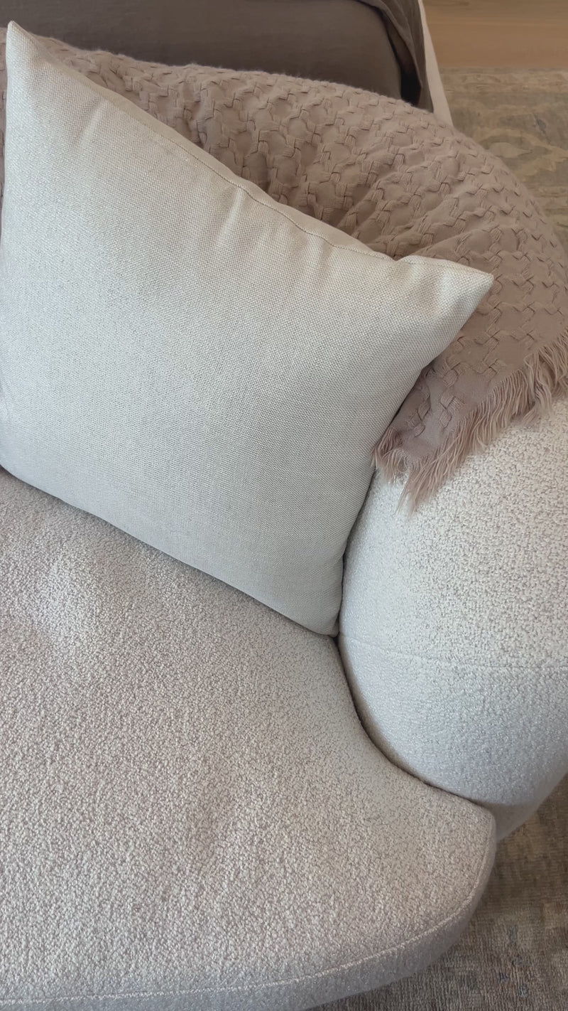 Organic curves with a dreamy French inspired boucle fabric -- the Clarissa sofa is an Amethyst favorite.  The sleek single seat cushion with firm back provides luxe comfort. Amethyst Home provides interior design, new home construction design consulting, vintage area rugs, and lighting in the Alpharetta metro area.
