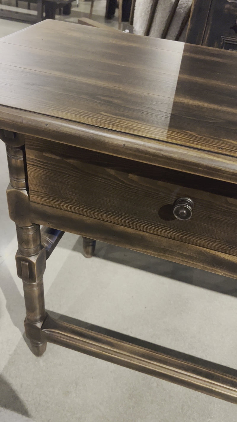 Made from solid pine From the makers at Van Thiel: One-of-a-kind antique-inspired pieces crafted from solid wood with hand-applied finishes. This console creatively doubles as a kitchen island.Overall Dimensions: 26.5"W x 70"L x 36"H Amethyst Home provides interior design, new home construction design consulting, vintage area rugs, and lighting in the Kansas City metro area.