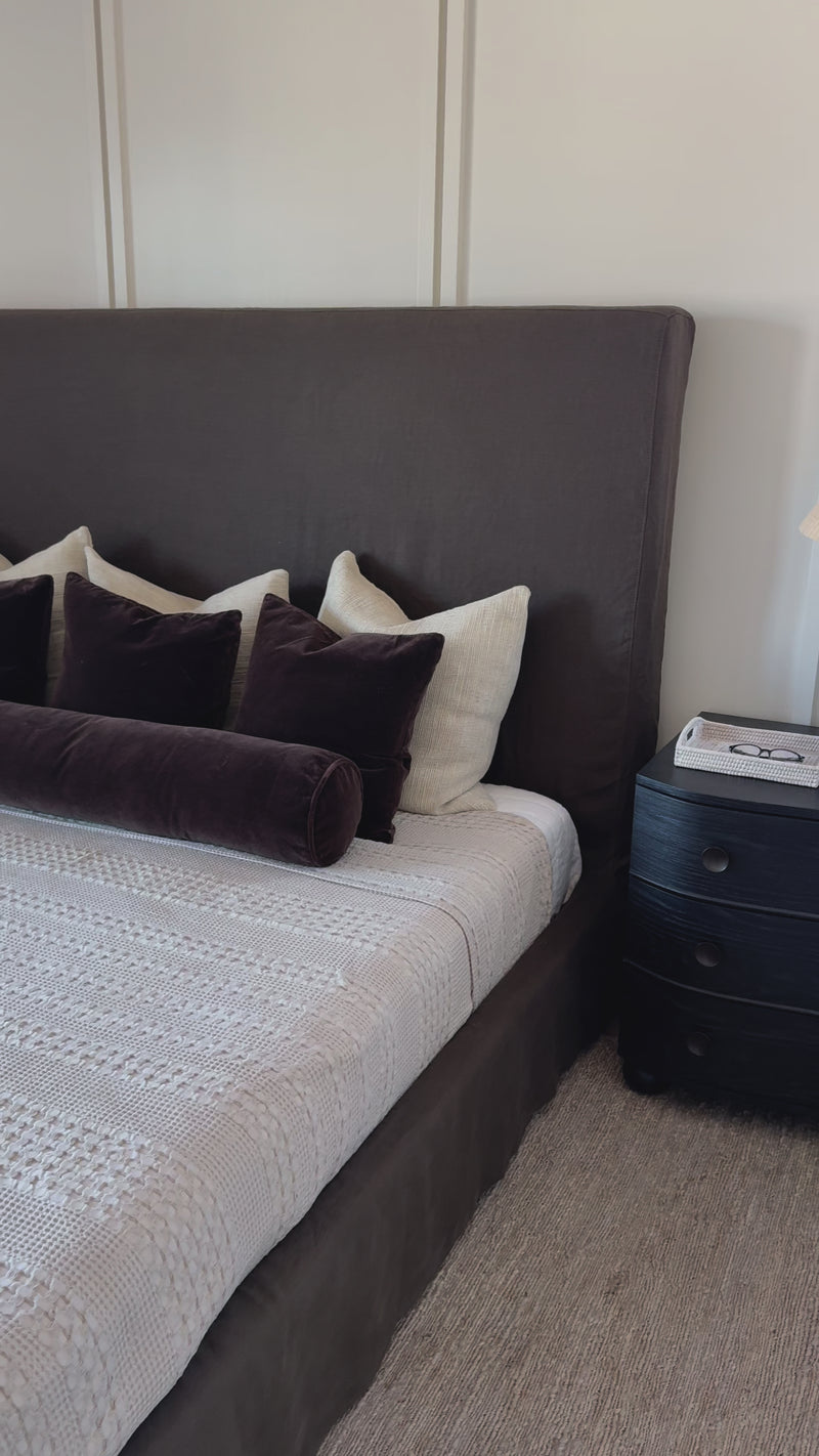 Grand high back and matte linen beauty -- the Daphne bed is a dream! Amethyst Home provides interior design, new home construction design consulting, vintage area rugs, and lighting in the Park City metro area.
