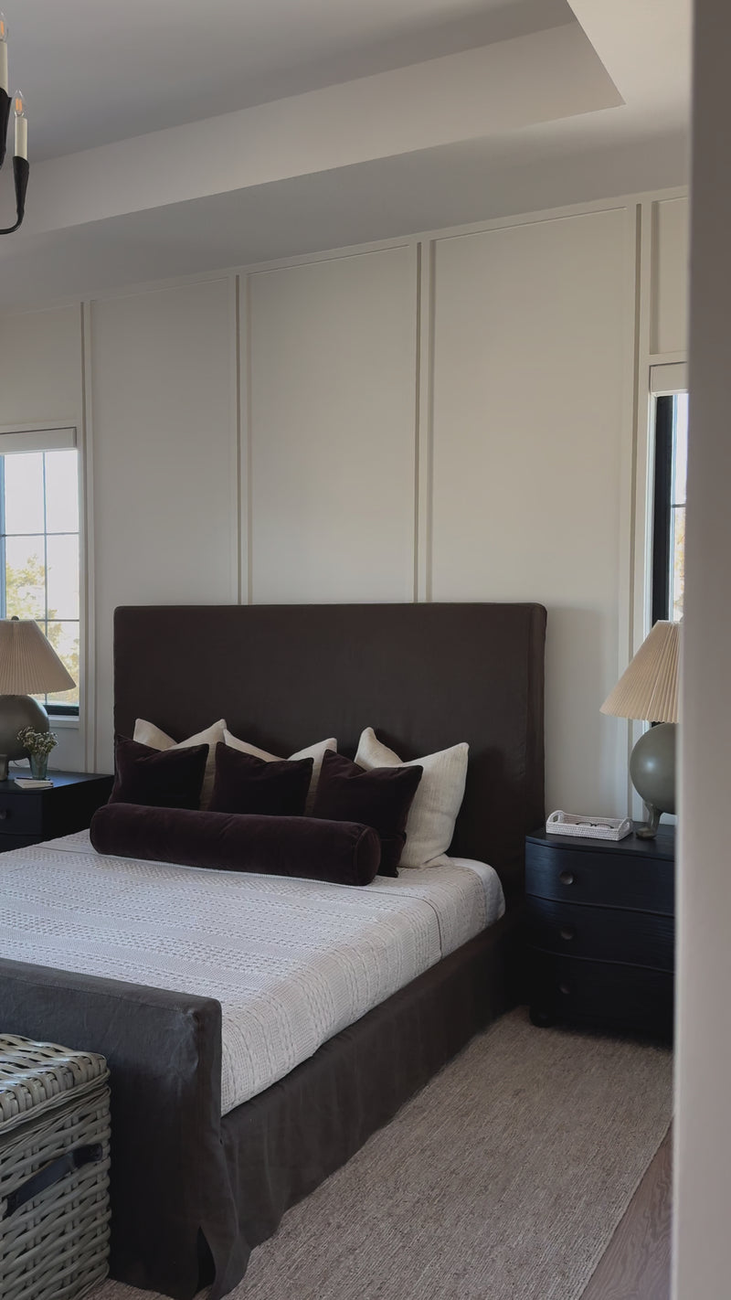 Grand high back and matte linen beauty -- the Daphne bed is a dream! Amethyst Home provides interior design, new home construction design consulting, vintage area rugs, and lighting in the Winter Garden metro area.