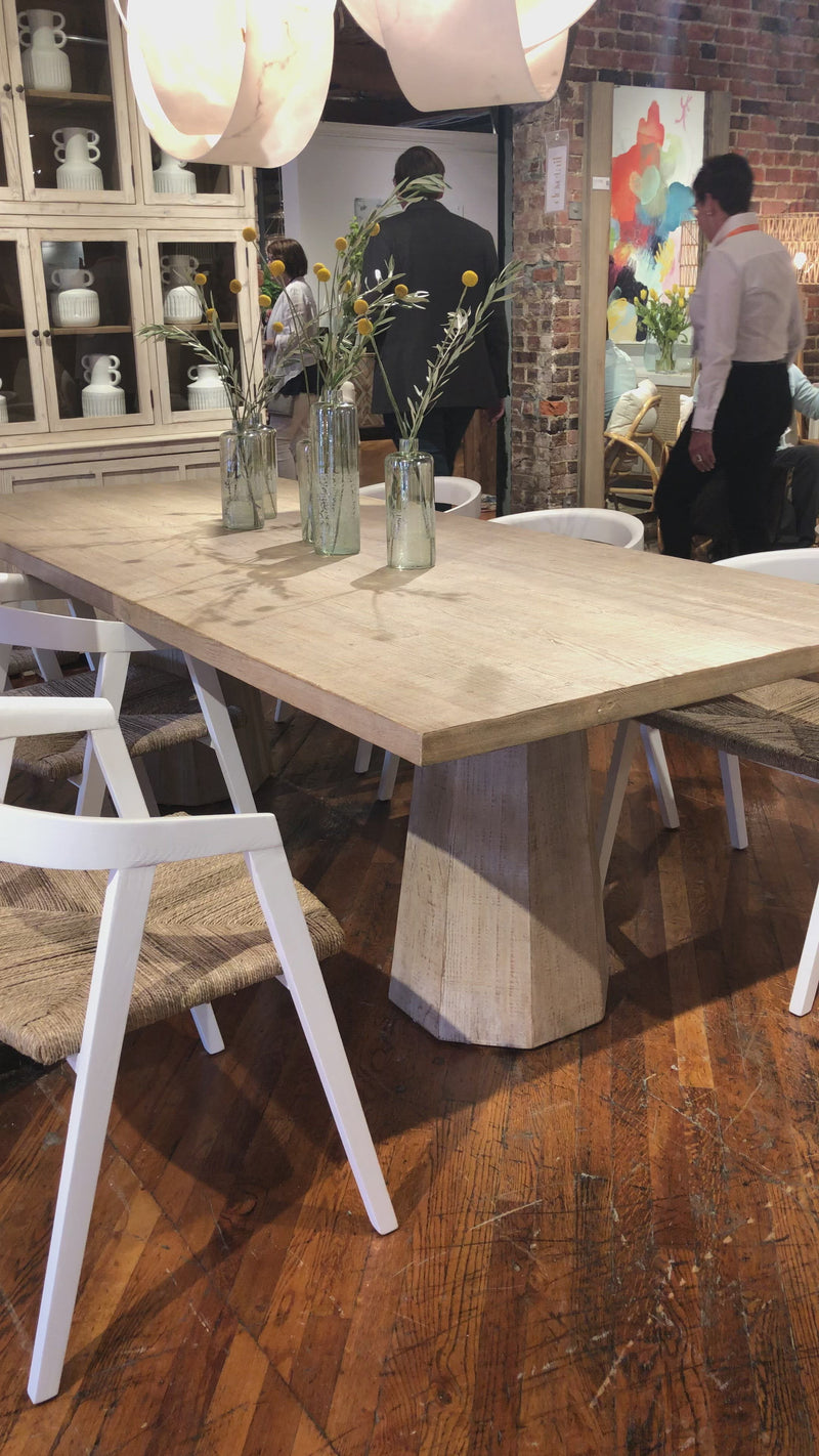 We love the thick, octagonal legs on this Jansen Dining Table. Made from reclaimed pine, this brings an organic element to any dining room or kitchen area.  Reclaimed Pine White Wash