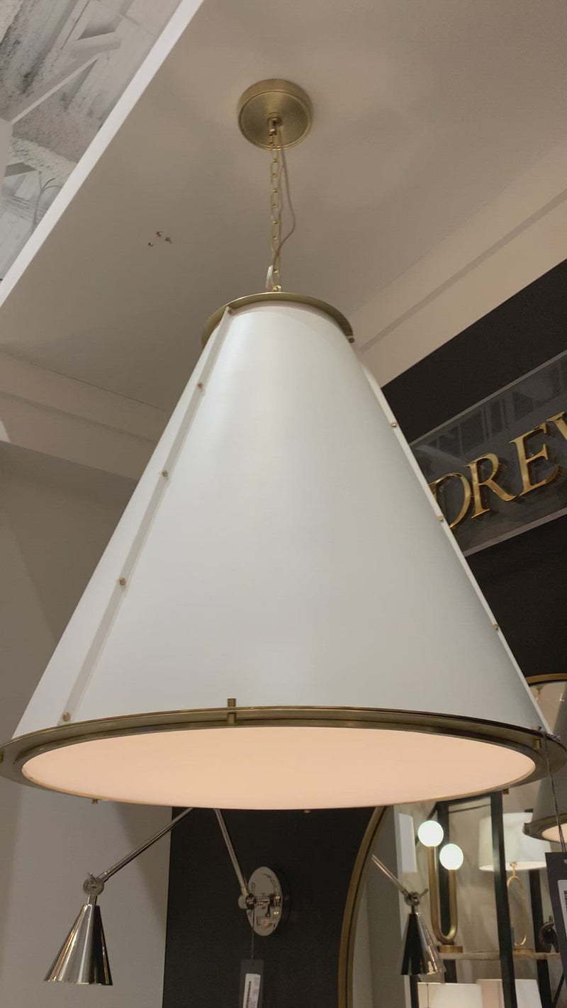 Dark steel shade with brass grommets -- this French Maid Pendant Large is packed with personality.  Size: 32" h x 25.5"w x 25.5"d