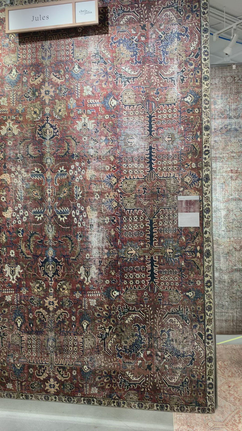 Durable, low pile, and soft underfoot, this rug is inspired by classic vintage and antique rugs. The Jules Chris Loves Julia Merlot / Multi rug from Loloi features a beautiful vintage pattern and patina. The rug is easy to clean and maintain and perfect for living rooms, dining rooms, hallways, and kitchens!