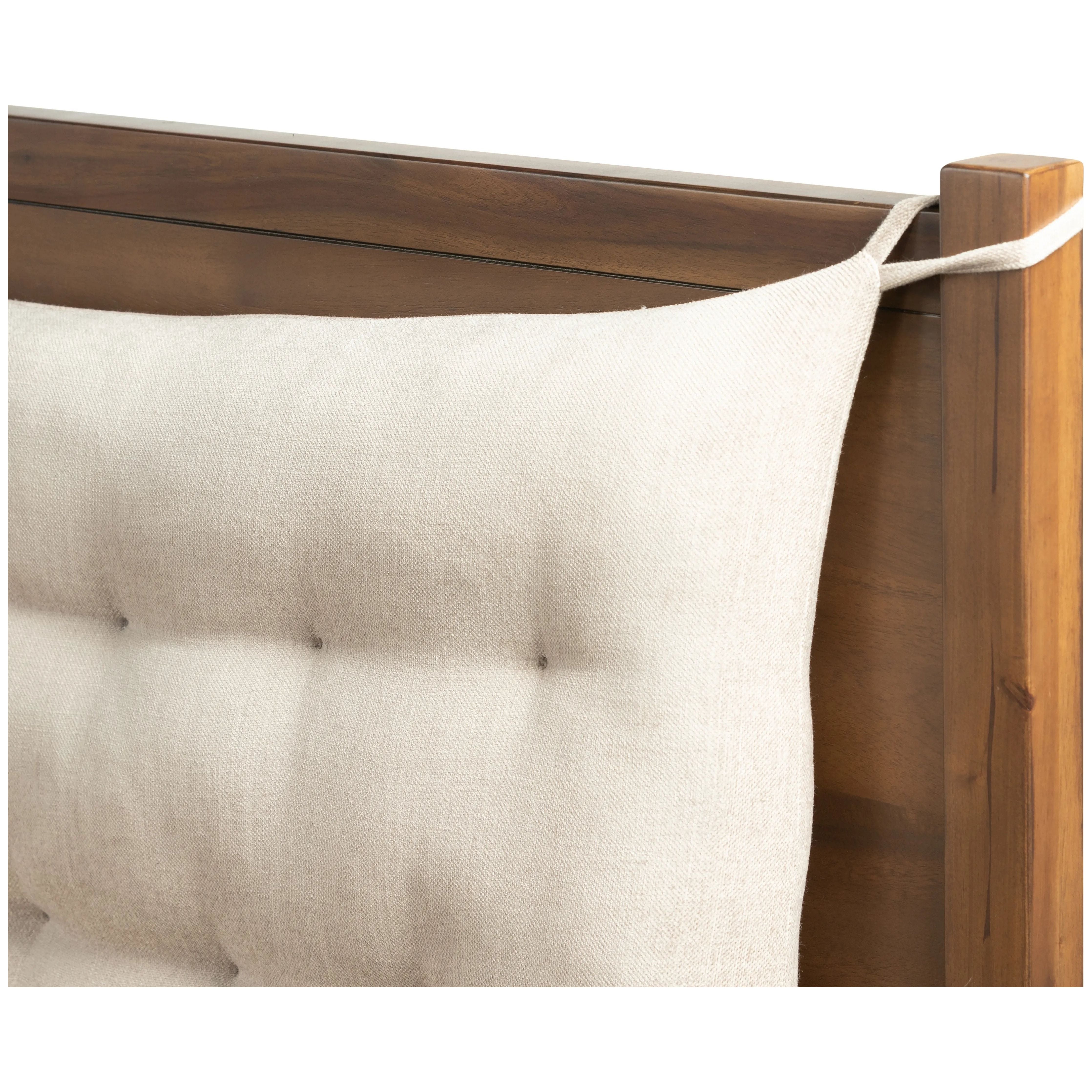 A simple, heavy wood bed frame with a removable sling cushion in a neutral fabric with blind button tufting. Choose the all-wood look or opt for a softer look with the pillow. The cushion is reinforced at the corners for added durability and easily removed for cleaning Amethyst Home provides interior design, new home construction design consulting, vintage area rugs, and lighting in the Austin metro area.